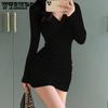 Spring and Autumn Women's Dress Skinny Knitted Dress Waist Wrapped Hip Bottom Skirt V-neck Skinny Pleated Long Sleeve Bottom Dress