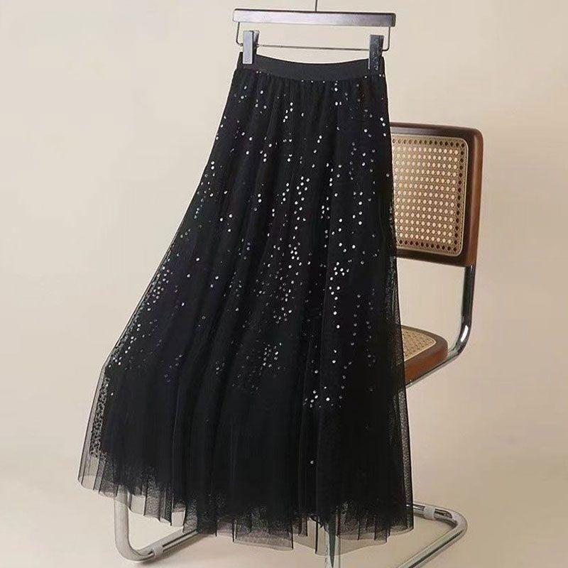 

French Fashion Mesh Sequin Flare Skirt Women High Waist Slim Midi Spring Summer XL чорний