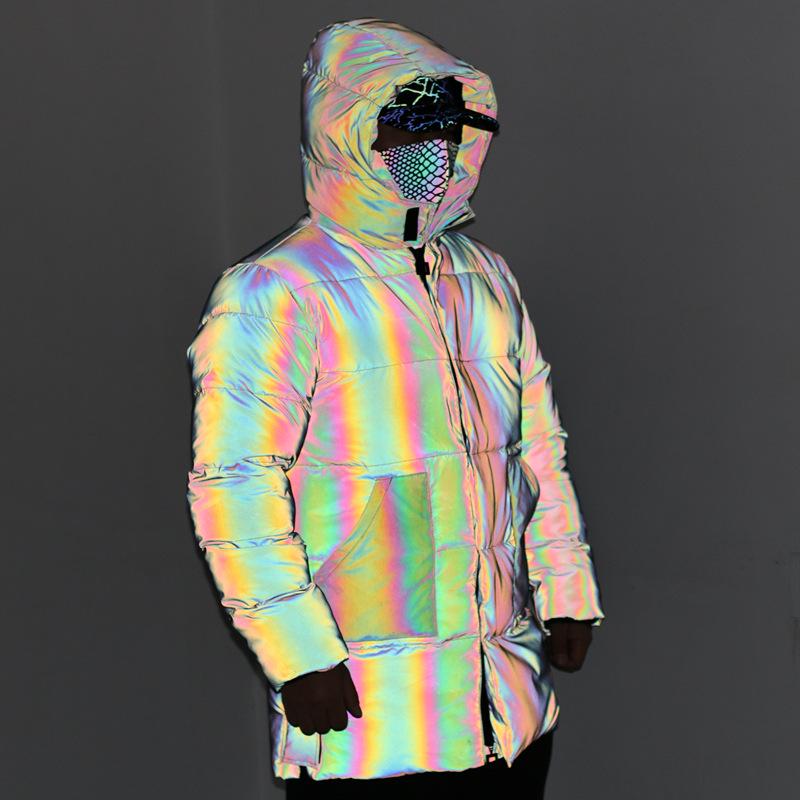 Men`s Mid-Length Reflective Holographic Cotton Jacket