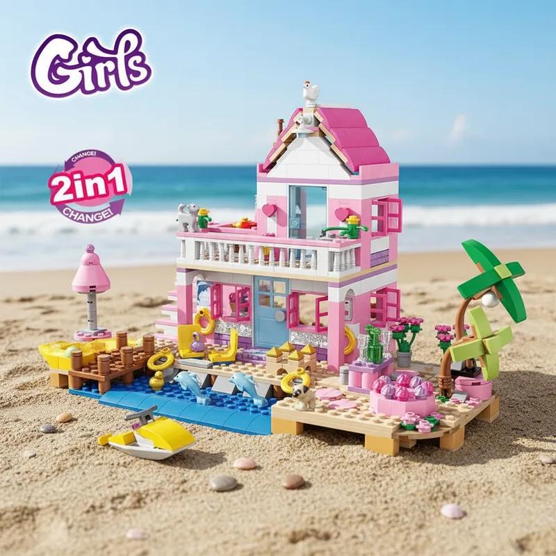 822Pcs Beach Villa Building Blocks Transformable House Model Creative Building Educational STEM Toys Birthday Gift For Girls