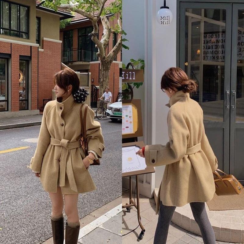Fashion Versatile Woolen Autumn Single-breasted Outer Coat Stand-up Collar Simple Strap-feeling Coat