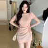 Striped Knitted Short Sleeve Dress for Women Summer Hot Girl Sexy Waist Cinching Bodycon Skirt Unique Drawstring Design