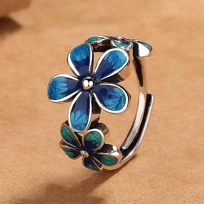 

Vintage Cloisonne Enamel Flower Ring Adjustable Bohemian Style Minimalist Statement Jewelry for Women resizable