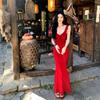 French Pure Desire Royal Sister Wind V-neck Suspender Dress Women's Summer Seaside Vacation Hip Wrap Sexy Red Temperament Long Dress
