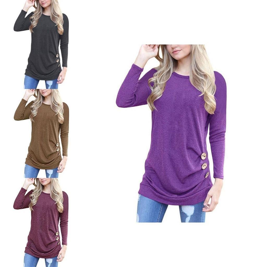 Fashion Women Long Sleeve Casual Blouse Stylish Tunic With Brown Button Accents