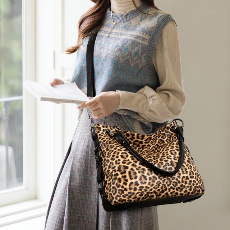 Women Vintage Leopard Print Handbags Punk Style Satchel Top-Handle Shoulder Bag Ladies Underarm Bags Multi-Pockets Dumpling Pack