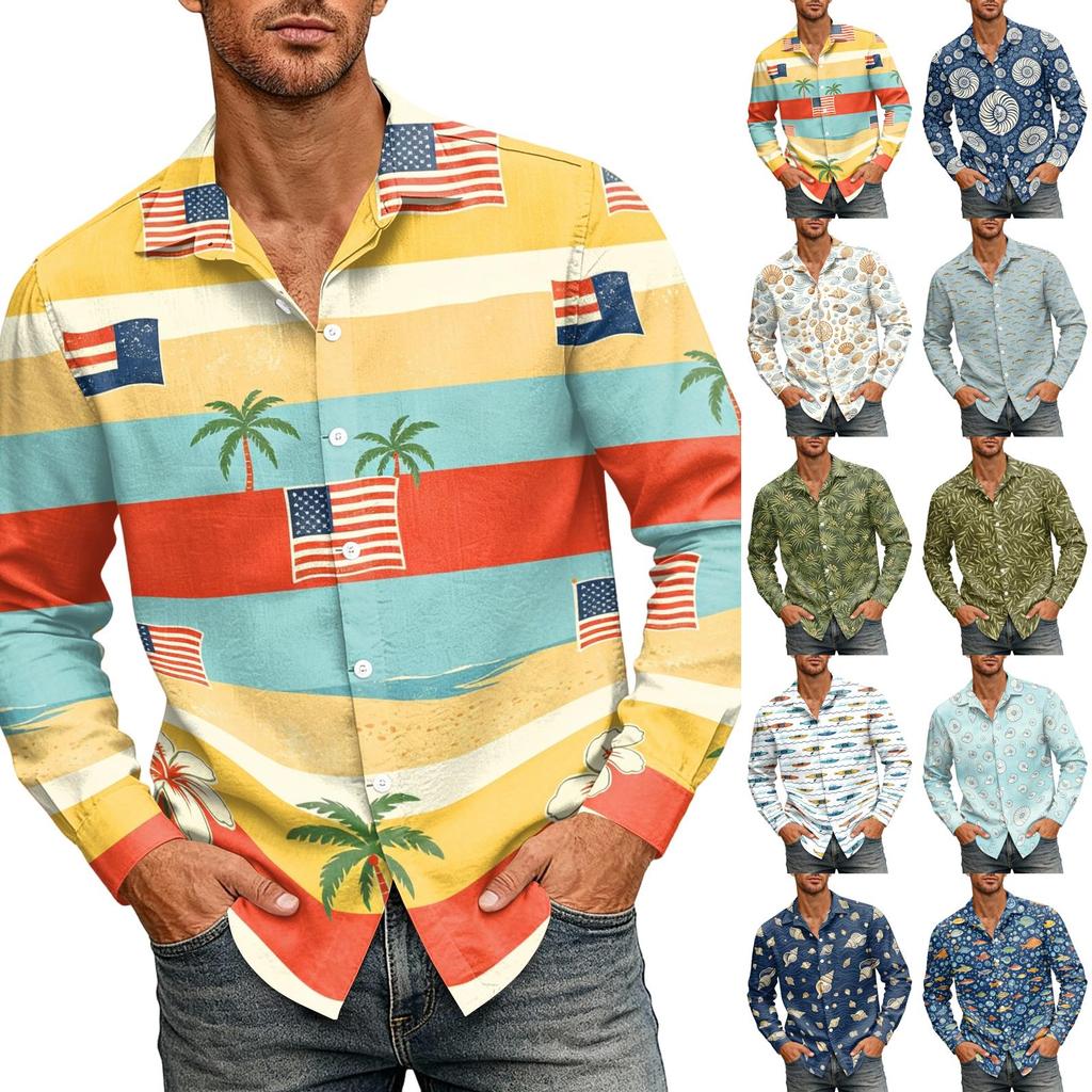 Men's Loose Fit Long Sleeve Shirt Hawaiian Style Retro Casual Button Down Shirt with Spread Collar Suitable for Spring and Autumn