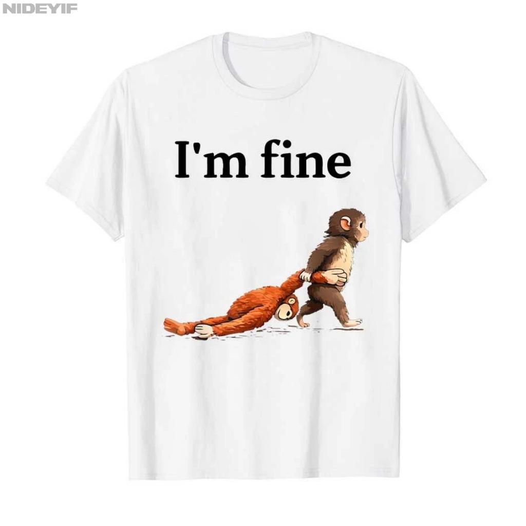 2026 New Sad Monkey Punch Meme with An Orange Toy I'm Fine Causal T-shirt for Men Women 100_ Cotton T Shirts Short Sleeve Tops