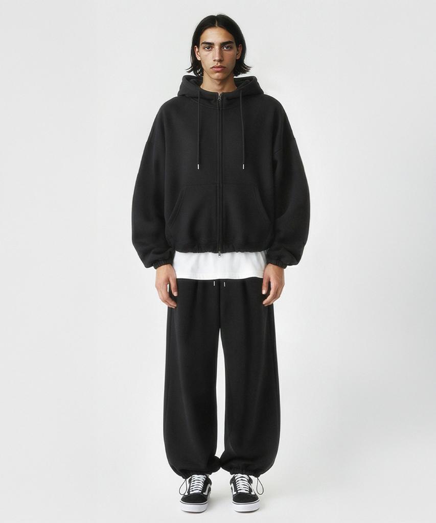 Prinoar [Set] String Overfit Two-Way Zip-Up Hoodie + Single-Pleat String Pants - Black