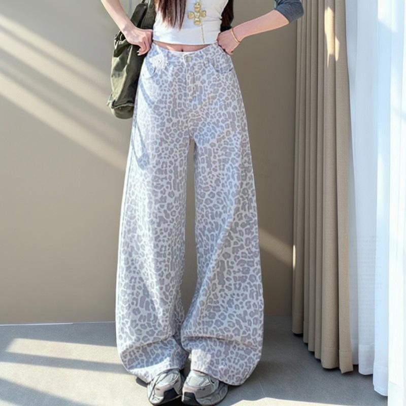 Small new leopard print wide-leg jeans women's summer American design sense loose and thin casual straight trousers