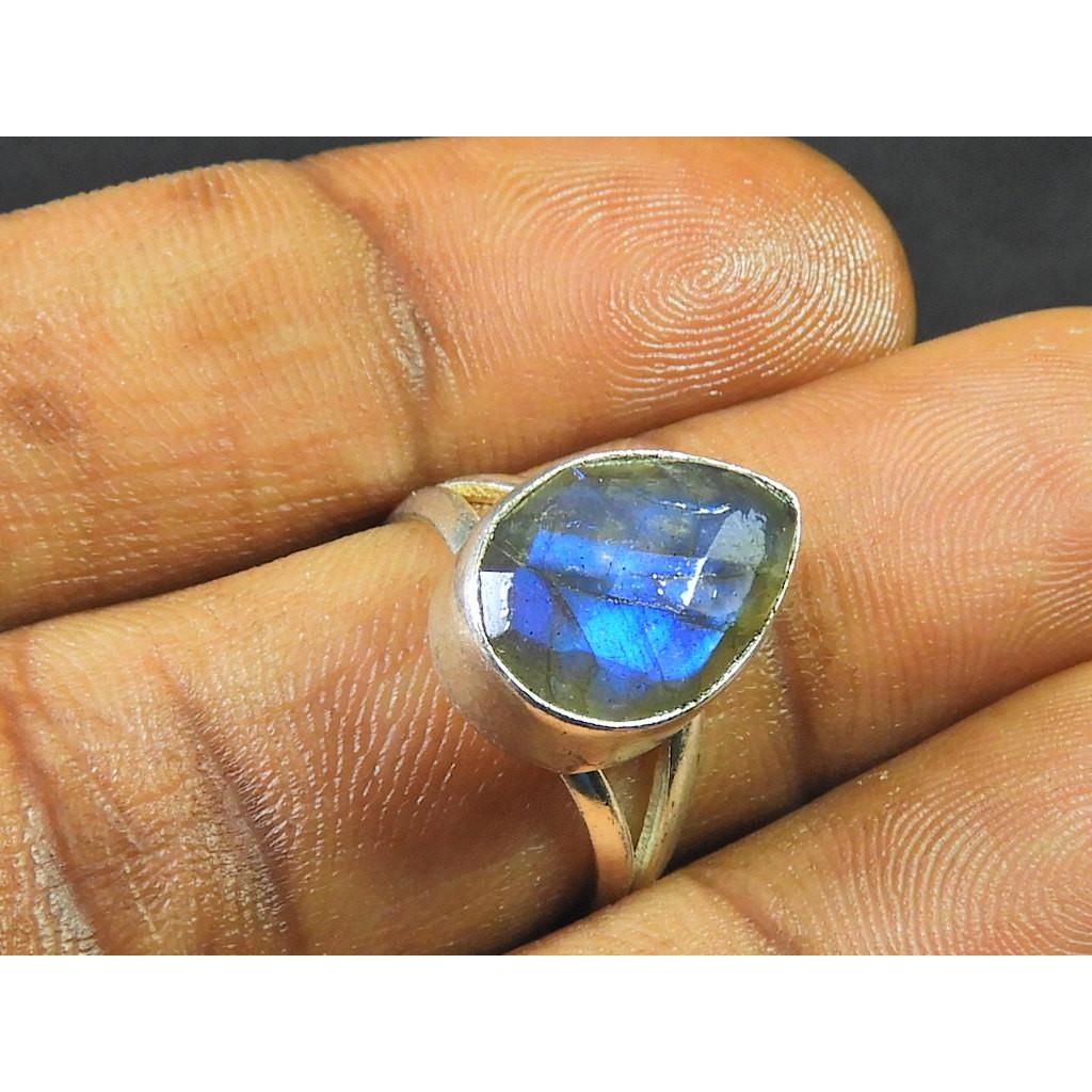 Natural Labradorite 925 Sterling Silver Pear Handmade Vintage Ring Size US-7 MK-54