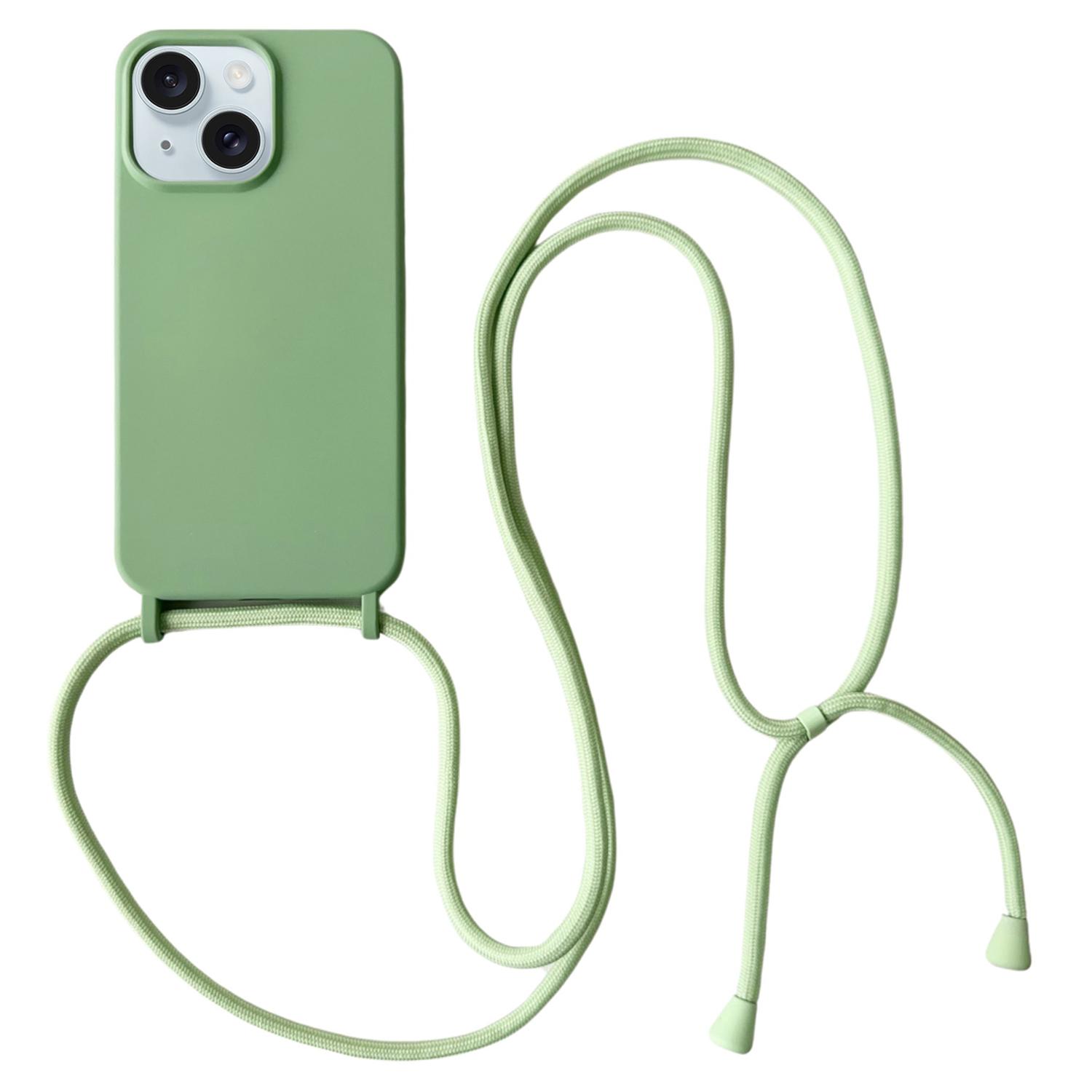 

For iPhone 14 Case Liquid Silicone Protective Phone Cover with Crossbody Lanyard Light Green