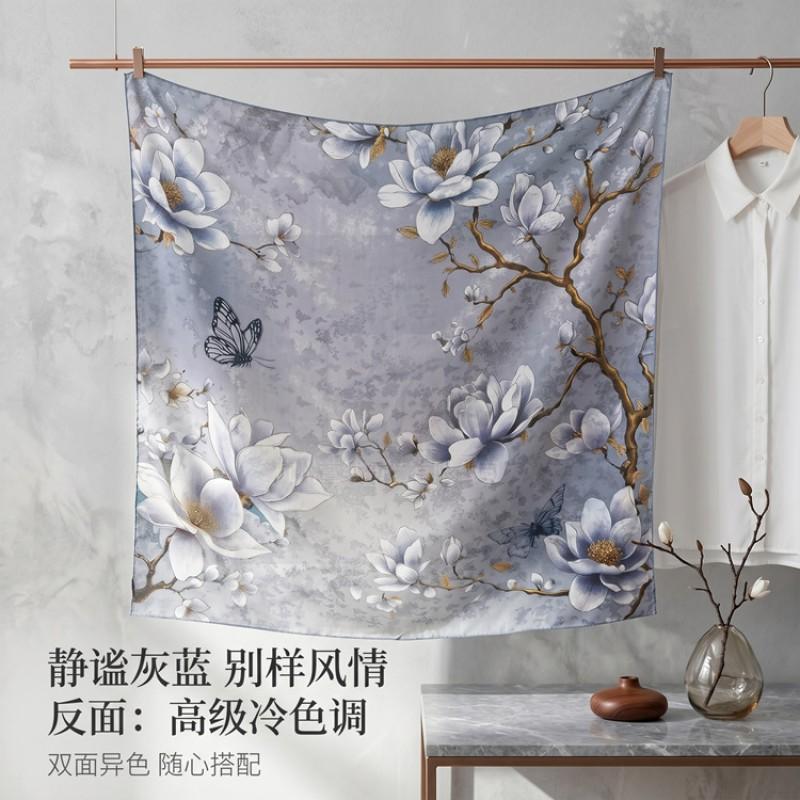 19 Momme Silk Square Scarf Double-sided Floral Shawl Women 106x106CM