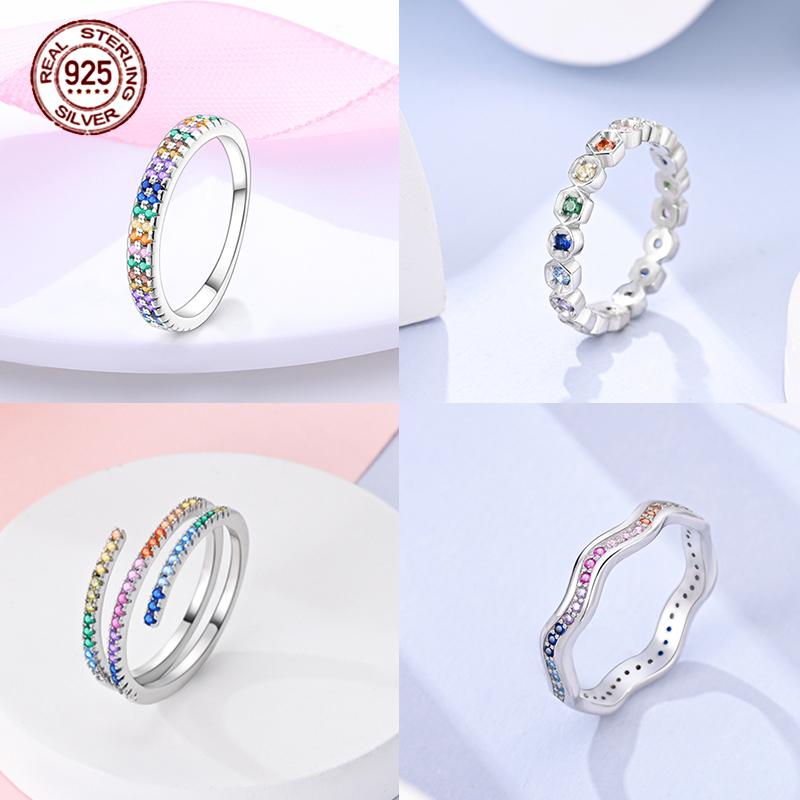 Shine Women koppar Fingerringar 925 Sterling Hjärta Krona Glöd Eldfluga Stjärna Sol Tusensköna Stapelbar Originalring Årsdag Zirkon