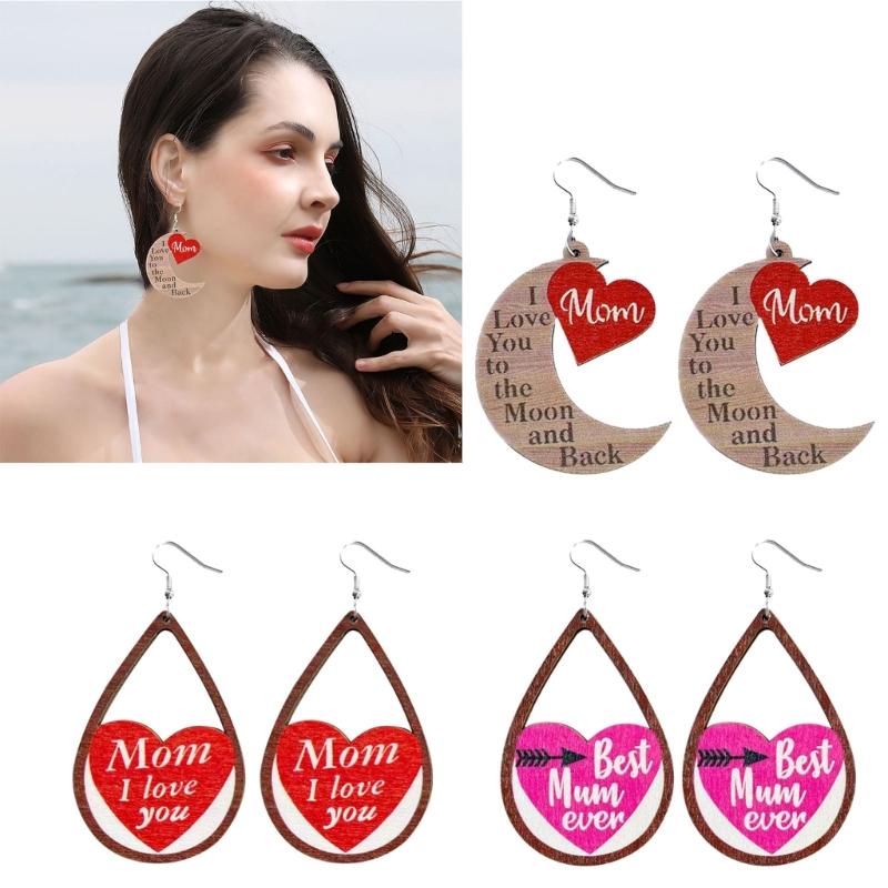 1 Pair 2023 Cut Wooden MOM I LOVE YOU Teardrop Heart Wood Dangle Earrings for Mom Mother Day Gift Novel Wood Jewelry