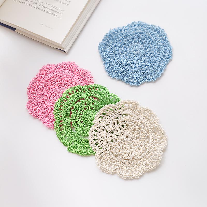 Beige Hand-Crocheted Cotton Fabric Insulation Coaster & Placemat with Large Hollow Lace Design