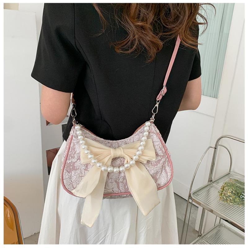 Women's Faux Leather Bowknot Shoulder Bag, Retro Pearl Decorated Crossbody Purse, Small Square Satchel for Daily Wear