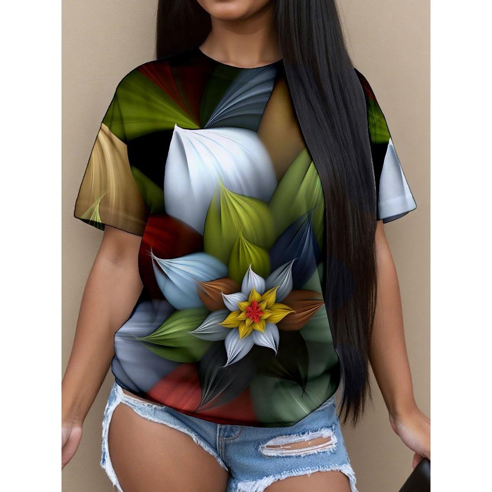 Summer New Women's Casual T-shirt Floral Print Fashion 3D Short Sleeved Round Neck Comfortable Plus Size T-shirt