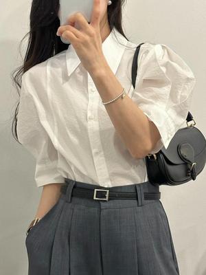 Bürodame Elegant Weiße Hemden Sommer Französische Textur Puffärmel Einreihige Kleidung Lässig Kurzarm Schicke Oberteile Damen