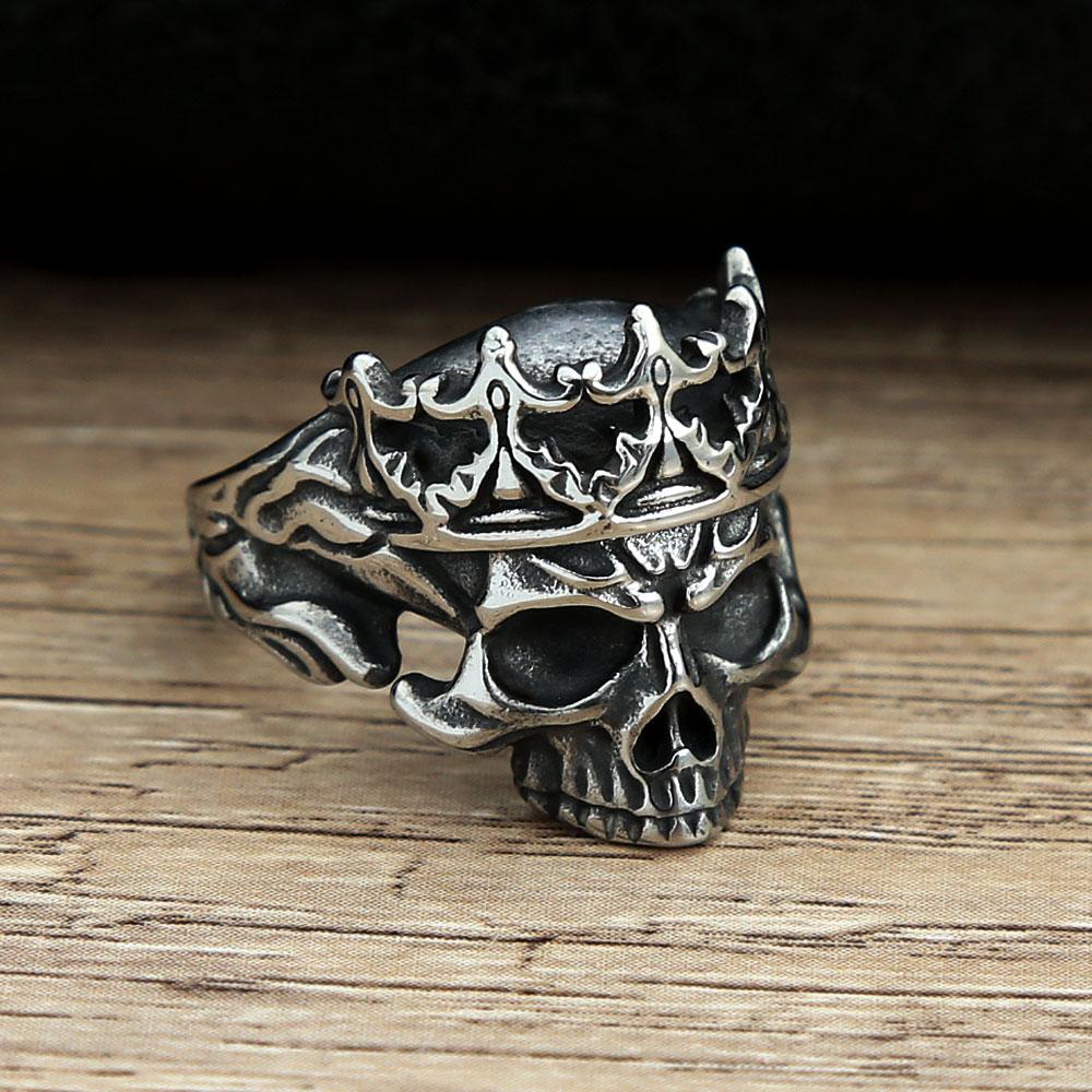 Vintage Gothic Crown Calvarium Skull Punk Rings For Men Women Stainless Steel Halloween Fashion Jewelry Gift Boyfriend Size 7-13