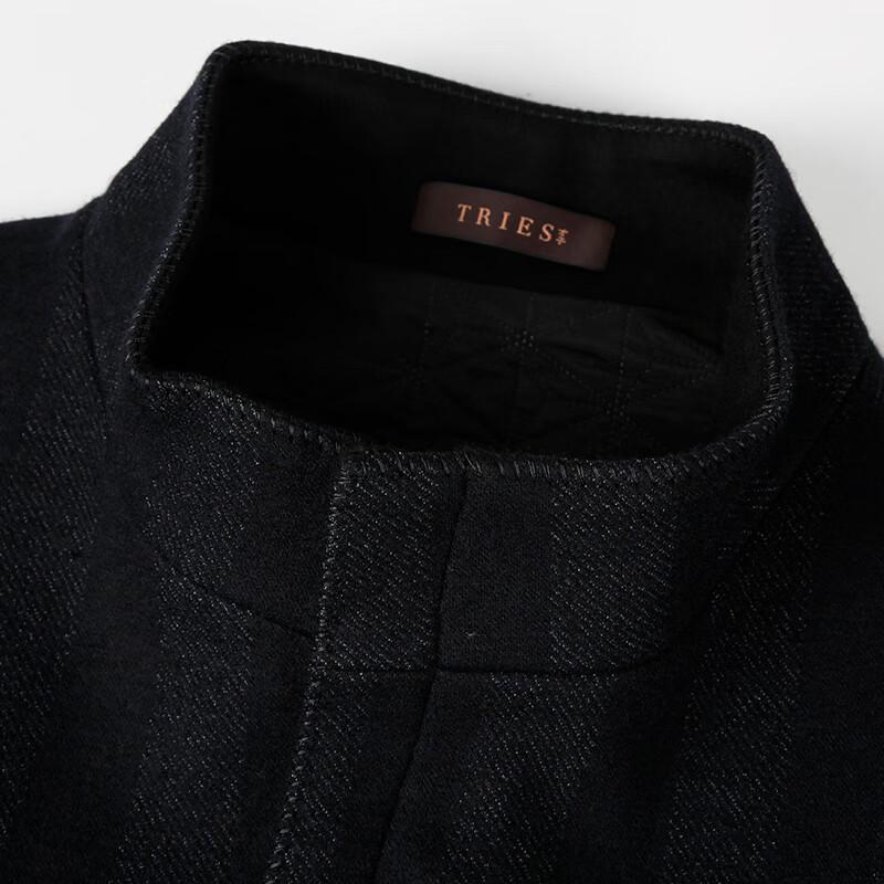 Caizi Men's Mid-Length Padded Wool Blend Coat with Vertical Stripes