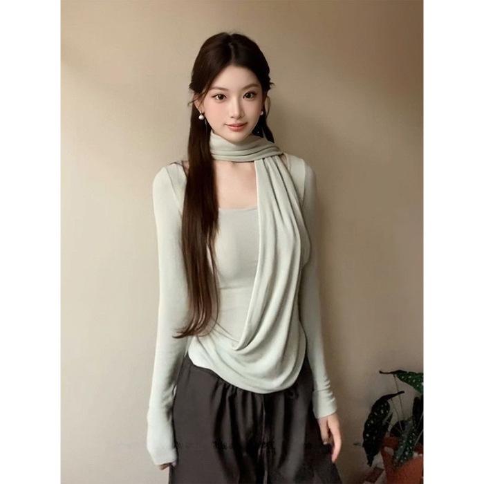

2026 Elegant Halter Neck Long-Sleeve Women s Top for Early Spring – Irregular Base Layer Small