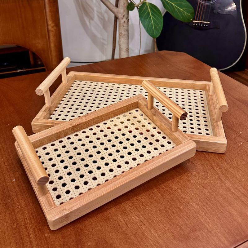 1PC Eco-Friendly Minimalist Tableware Handled Tray Natural Bamboo Serving Tray Modern Kitchen Tray Home Decor