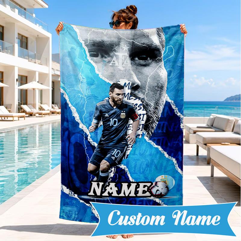 Custom Name Me-ssi football Beach Towel Microfiber Beach Towel, Lightweight and Quick-Dry, for Summer Travel, Swimming Pool Gift