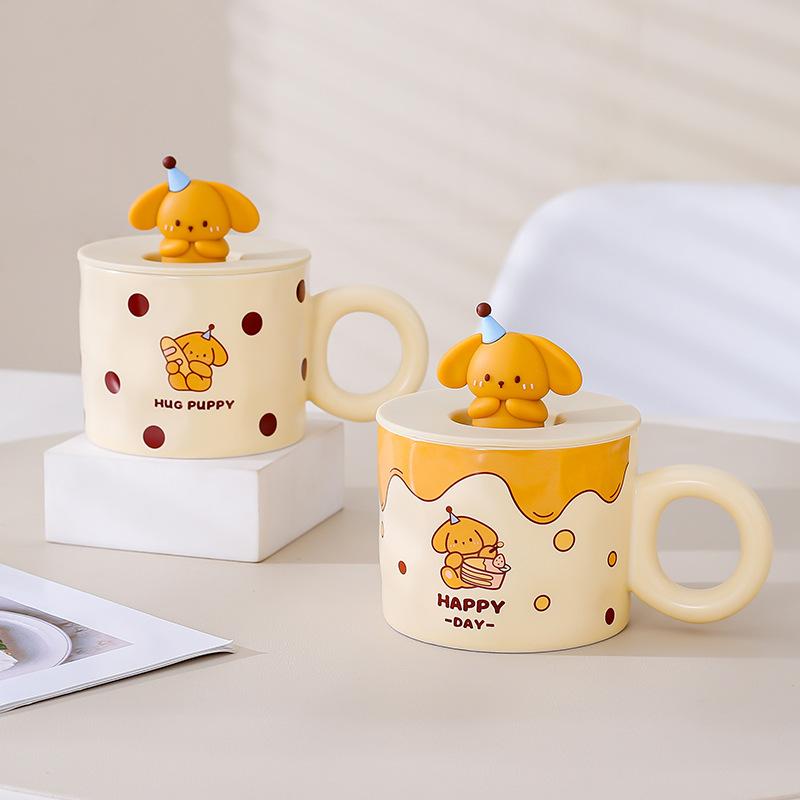 Cartoon Cute Cup for Girls Ceramic Mug Couple Water Cup for Home Office Breakfast Cup with Lid Spoon