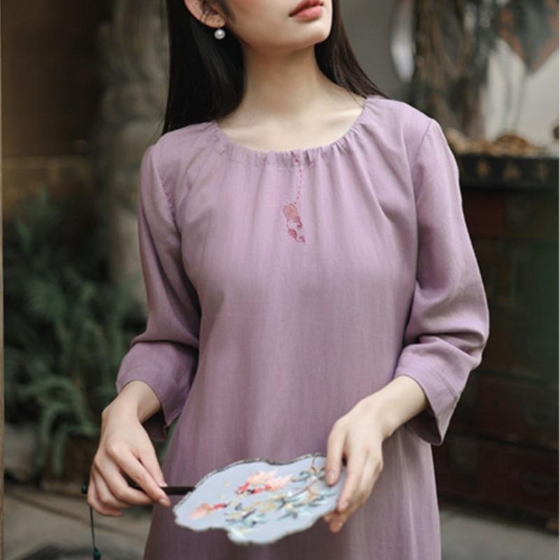 Johnature Women Vintage Dresses O-Neck Seven Sleeve Embroidery Floral Cloths 2025 Spring A-Line Dress