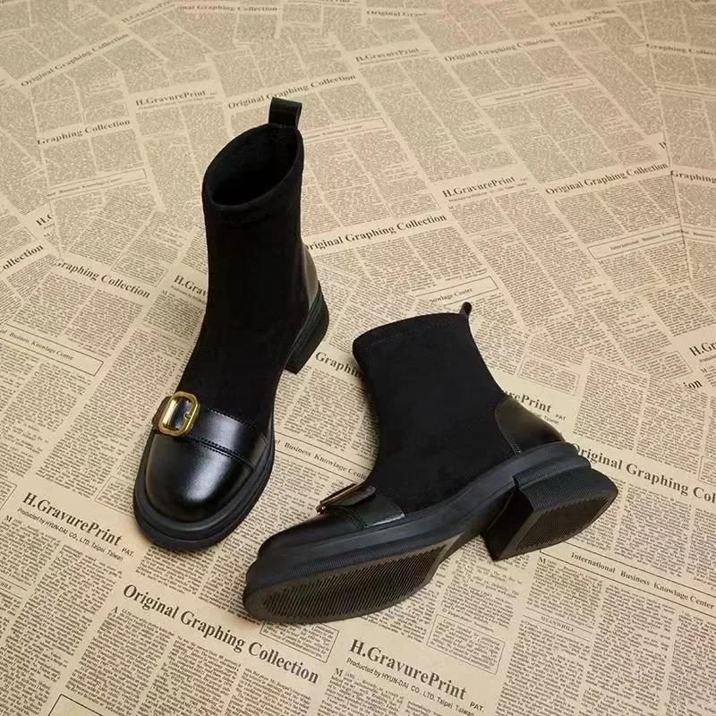 Damenmode Stiefel Dicke Ferse Rutschfest Runde Spitze Damenschuhe Wildleder Quadratische Ferse Freizeit Bequem Botines Para Mujeres