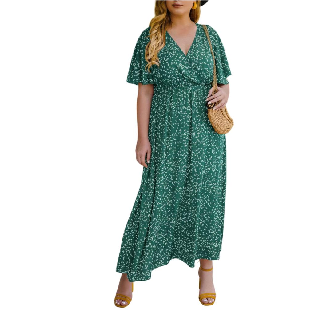 Plus Size Floral Print V Neck Short Sleeve High Waist Loose Fit Midi Dress for Women Casual Summer Outfit