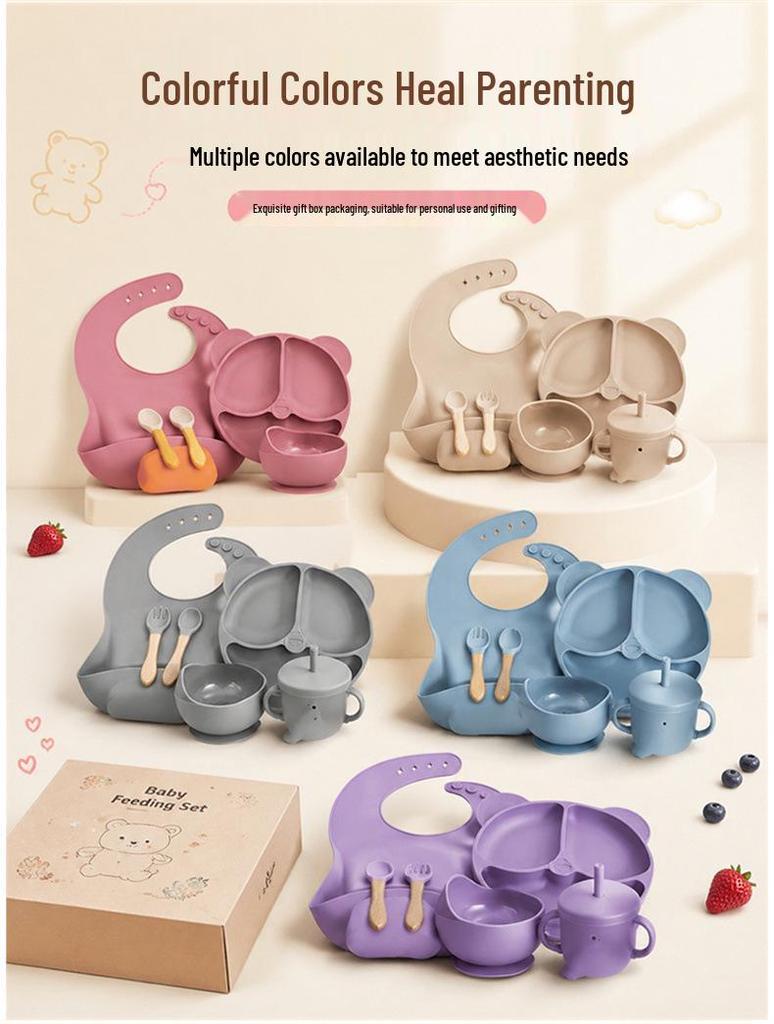 Silicone Children's Tableware Set - 6-Piece Divided Plate & Bowl Feeding Kit