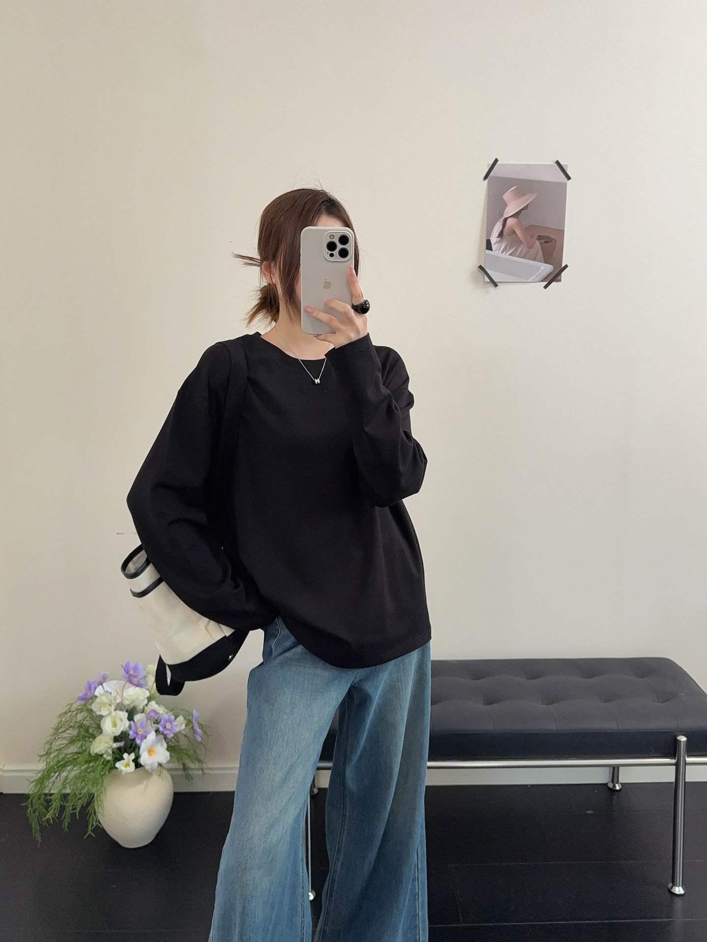 Korean Style Minimalist Long Sleeve Slimming T-shirt for Women - Early Spring New Arrival One Size чёрный