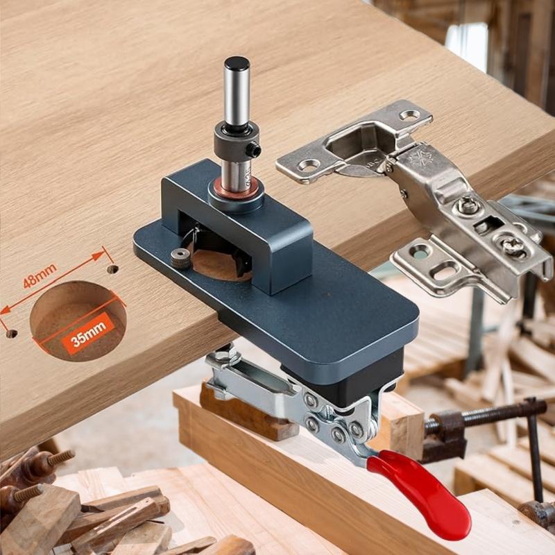35mm Hinge Jig - Precise Boring Guide with Adjustable Edge & Quick Clamp - Hardened Drill Bits for Cabinetry, Furniture DIY