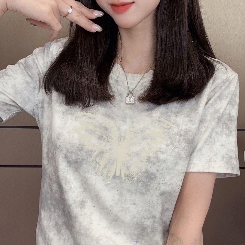 

Женская футболка с пайетками, с коротким рукавом, приталенная, маленького размера - Модный летний топ 2XL (recommended 130-145 jin) белый