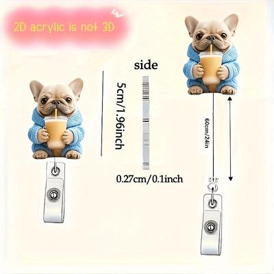 French Bulldog Boba Tea Badge. 2D Acrylic Dog In Blue Sweater, a Unique Gift for Healthcare Staff.