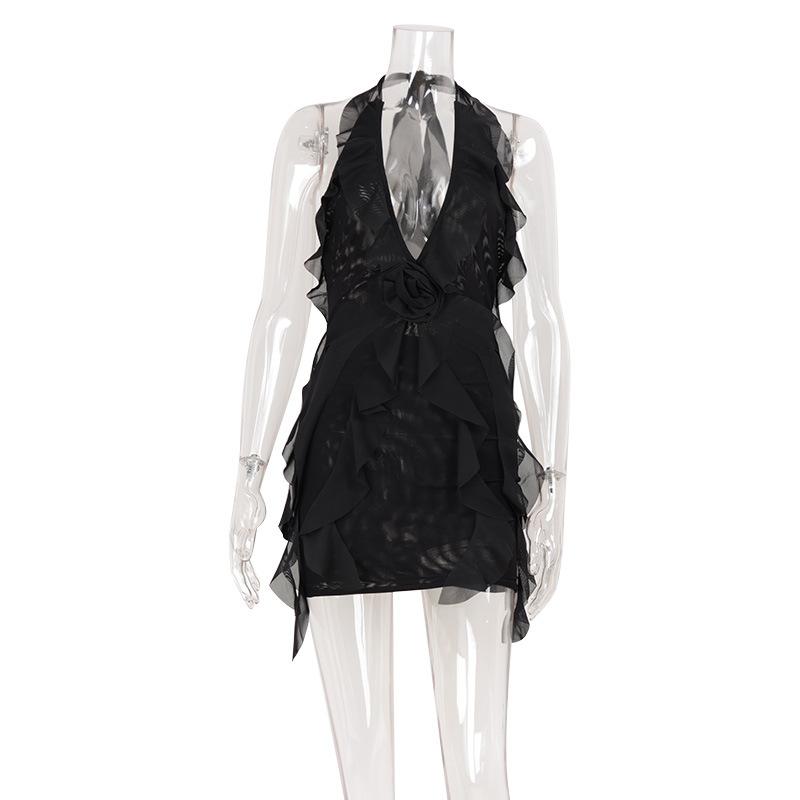 

French niche design sexy neck sling backless dress women s ruffle edge irregular vacation spice short skirt XS