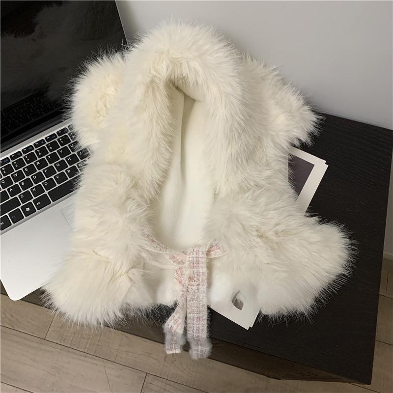 

Cute Thick Plush Bear Scarf for Women In Autumn and Winter Korean Version Versatile Ear Protection Outdoor Cold Warm Hat one size