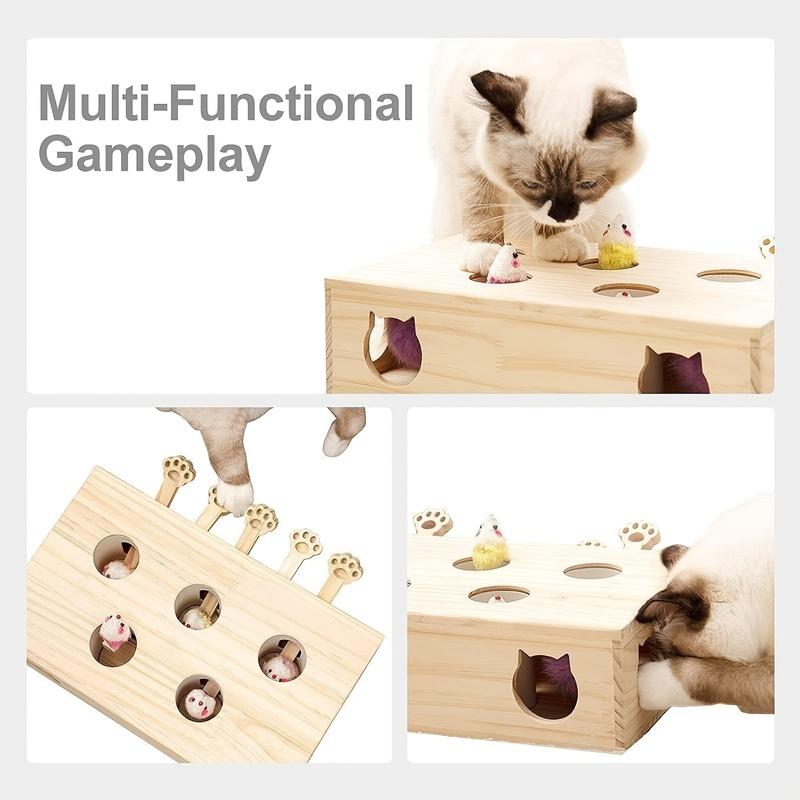 Solid Wood Whack-a-Mole Interactive Cat Toy, Kitten Catch Mice Game, Indoor Self-Entertainment Pet Supplies