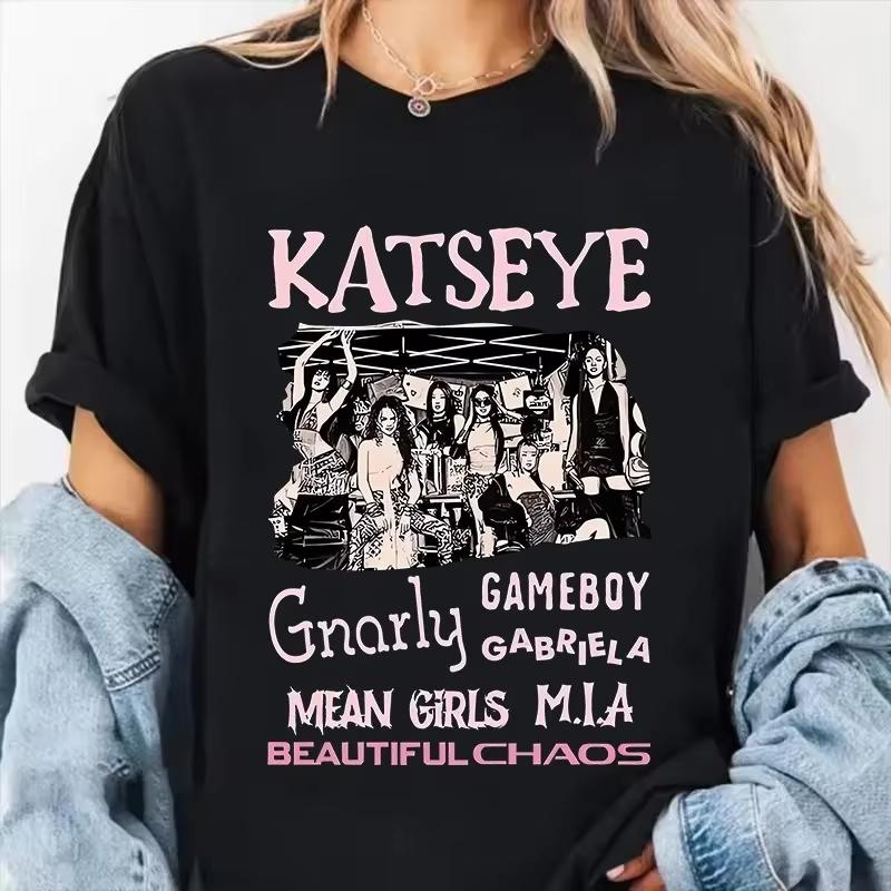 Womens Katseye Print Casual T Shirt Gothic Y2k Tshirt Women Korean Style Graphic Tee Tops Crew Neck Short Sleeve Tshirt Clothes
