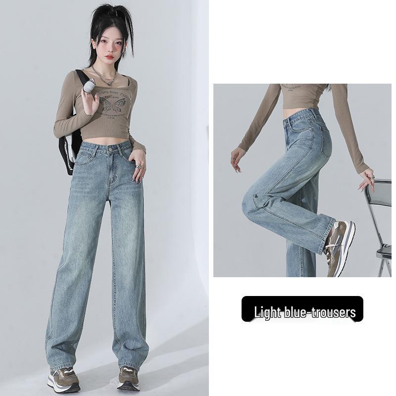 High-Waisted Light Blue Velvet Wide-Leg Jeans for Women - Autumn/Winter Slimming Retro Straight-Leg Fit 2XL for 133-145 lbs