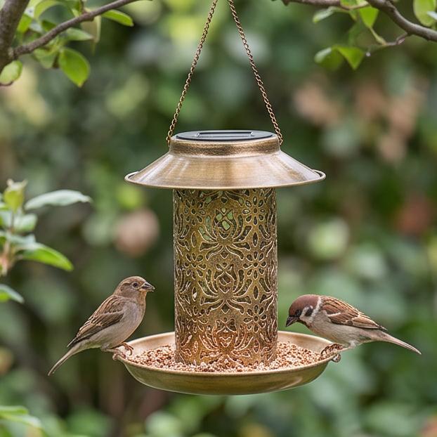 Solar Bird Feeder Lantern Iron Art Hollow Hanging Design for Outdoor Bird Feeding Retro Garden Decor for Lawn Patio Yard