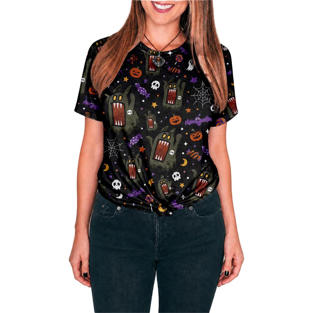 Halloween All Over Print T Shirt, Cute Pumpkin Graphic Tee for Women Men