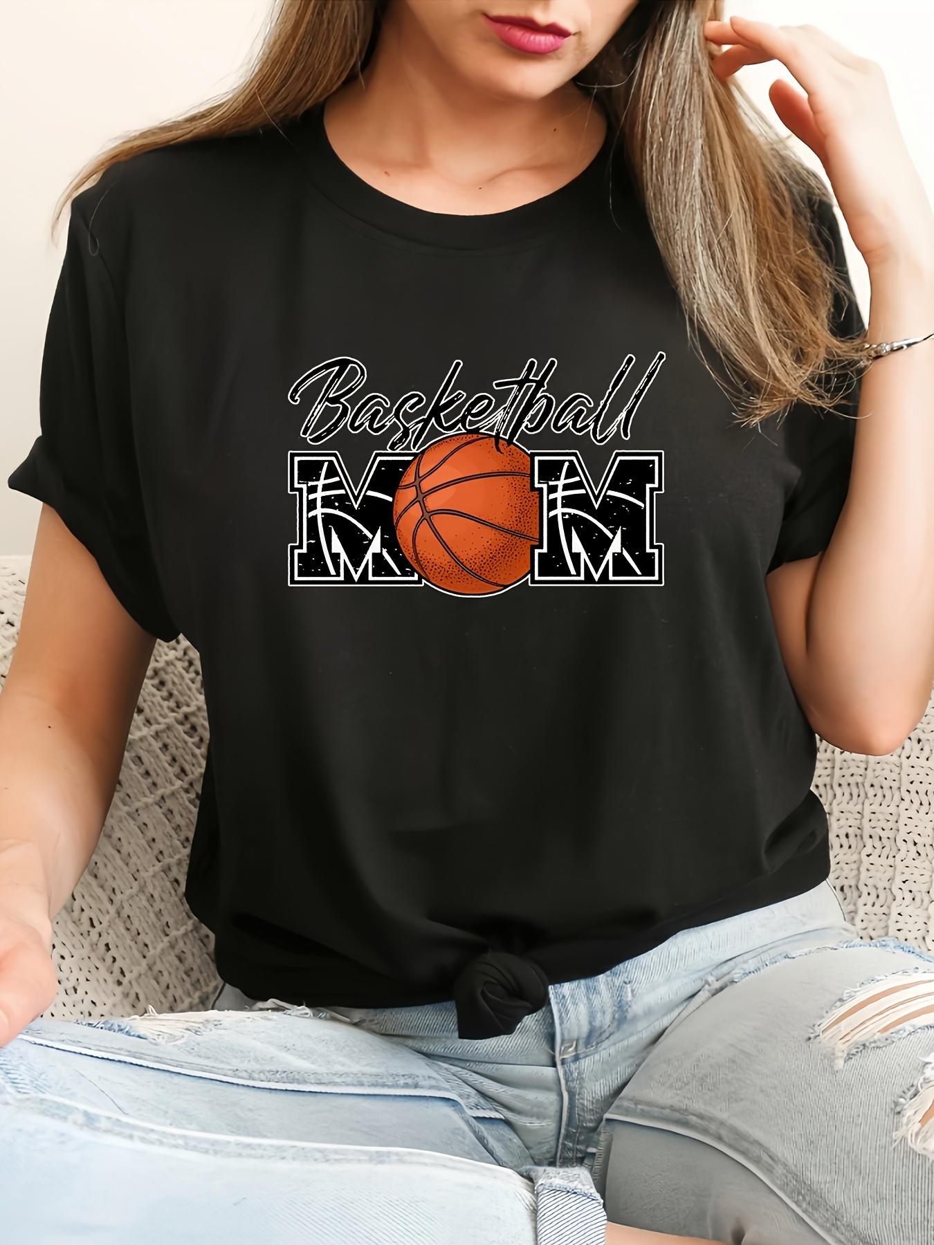 

Basketball Pattern Crew Neck T-Shirt, Casual Short Sleeve T-Shirt, Women s Clothing S