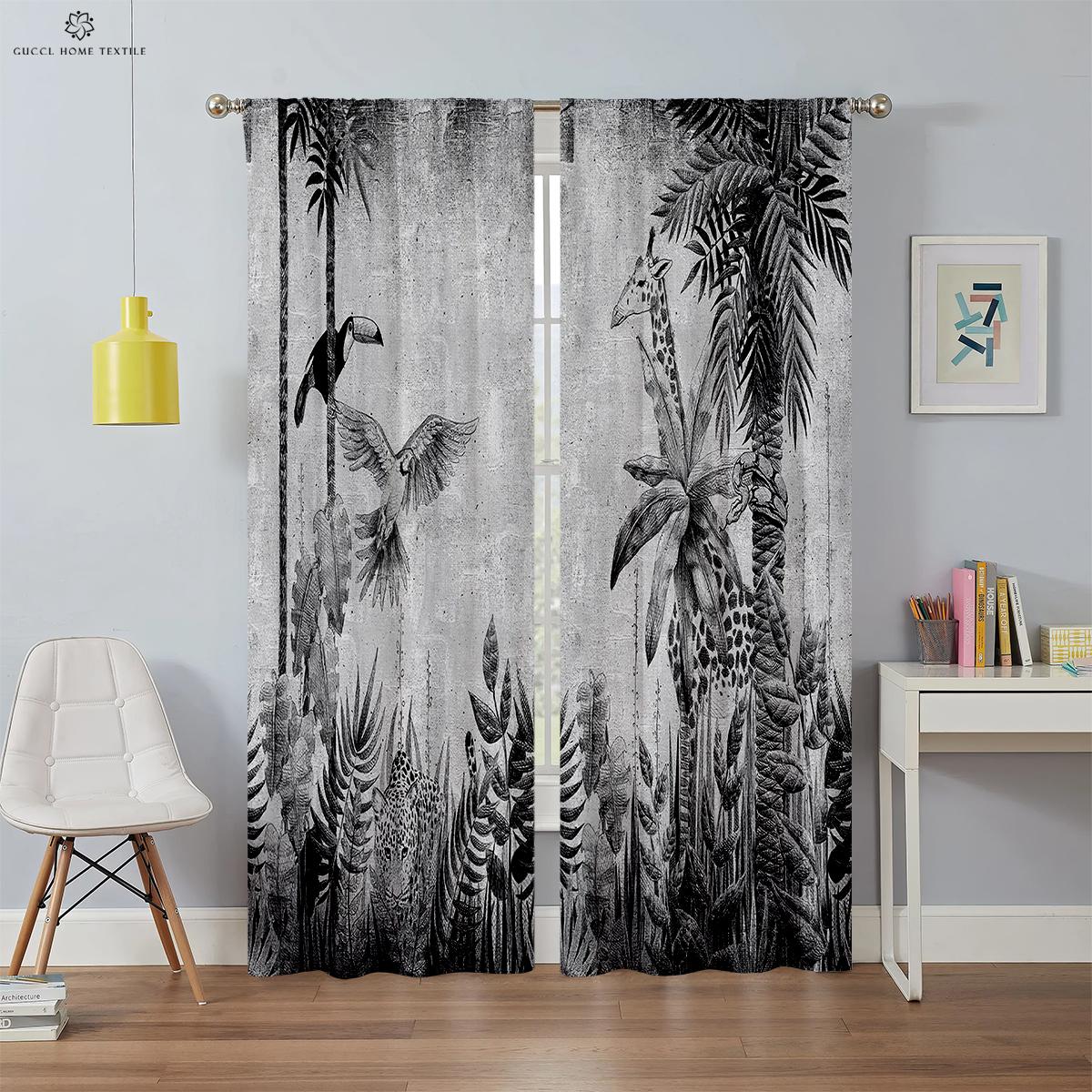 

Cartoon Print Window Drapes, Tropical Vegetation, Animal Cartoon, Bedroom, Living Room, Children s Room, Decorative Curtains W50xH130(CM)x2PCS&Rod pocket