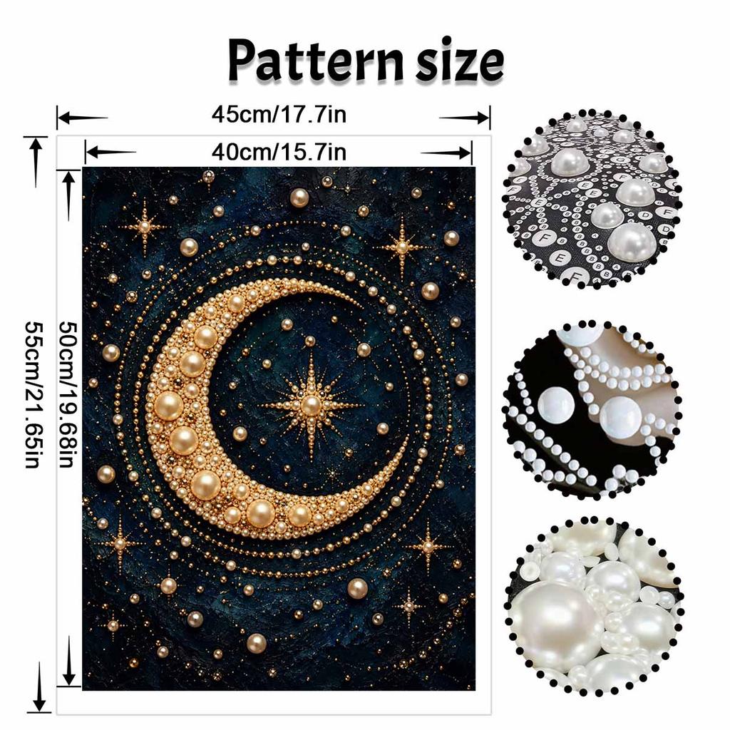 Unique 5D Framed Pearl Painting Kit with Golden Crescent Moon Starry Night Sparkling Bead Art Canvas DIY Handmade Craft for Living Room Decor