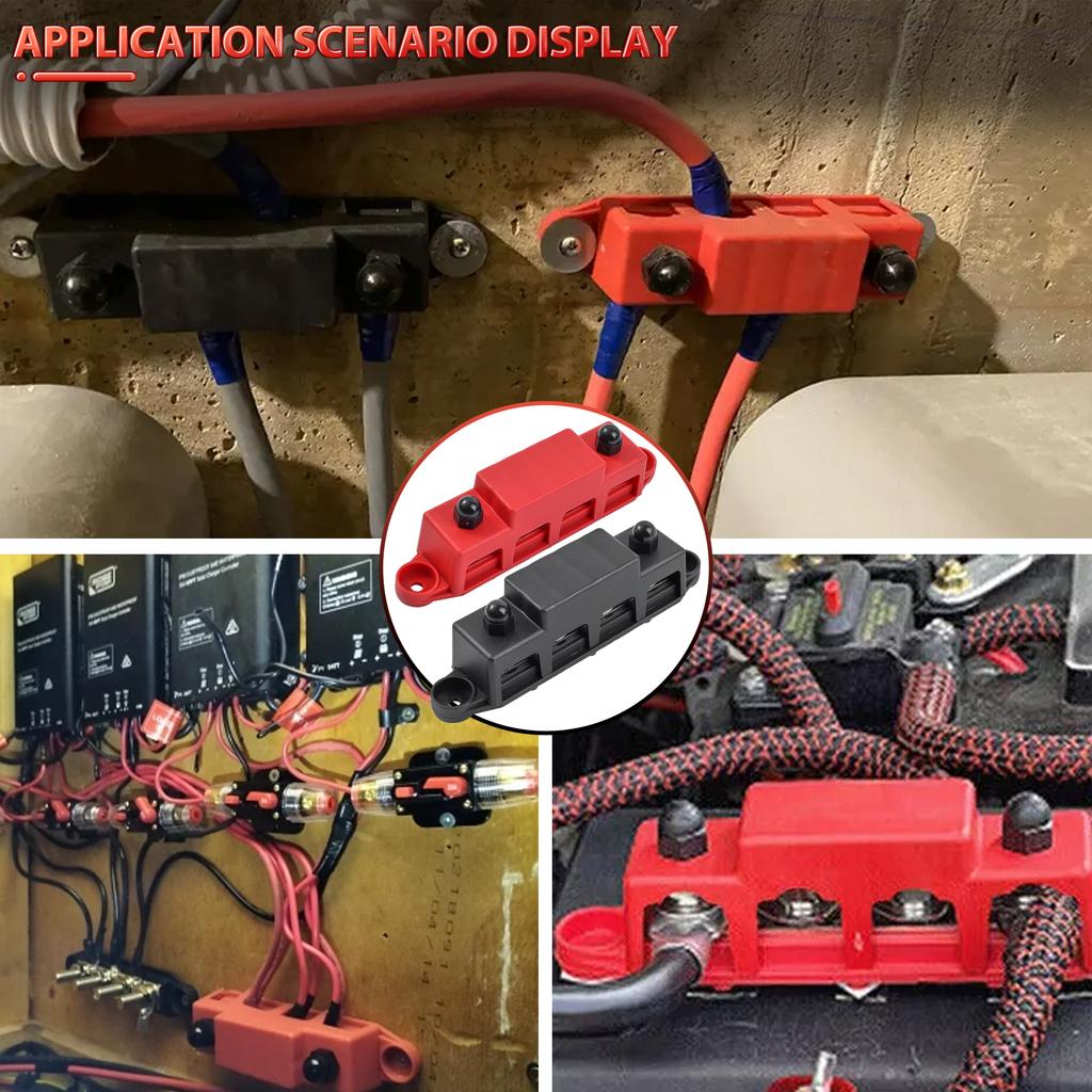 12V Strømfordelingsblokk 250A Samleskinne Koblingsklemme med Deksel M8 4-veis 5/16" Terminalbolter 48VDC 300VAC for Bil Båt Bobil