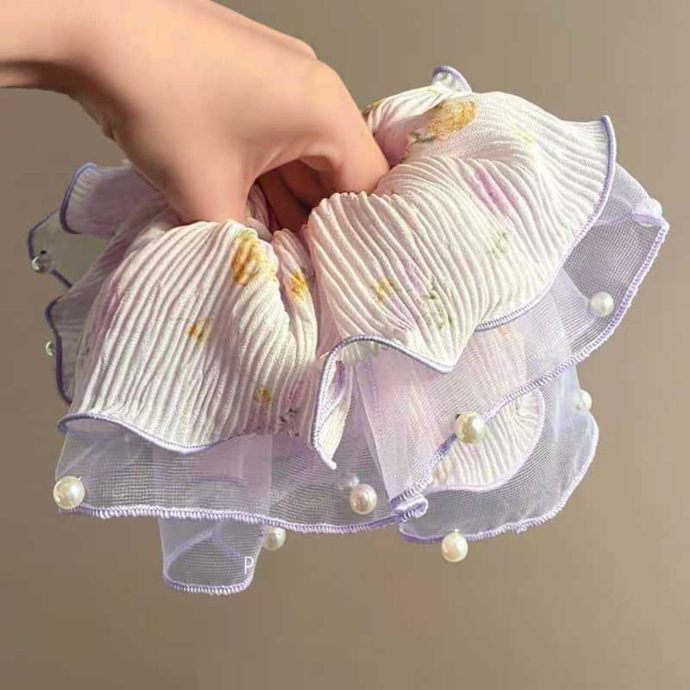 

Elegant Pleated Hair Scrunchies Intricate Floral Design Elastic Band Hair Loop Pearl Accent Flowing Gauze Hair Ring фиолетовый