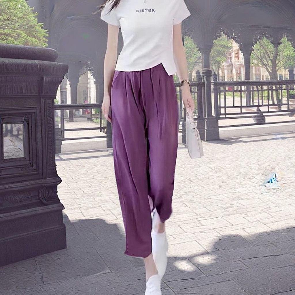 

Women s Ice Silk High-Waisted Wide-Leg Cropped Pants - Petite, Lightweight, Loose, Cool & Casual for Summer S (80-95 jin) фиолетовый
